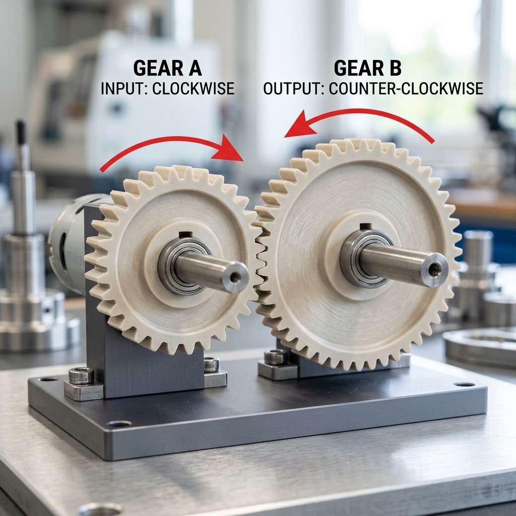 Meshed gears flipping rotation direction