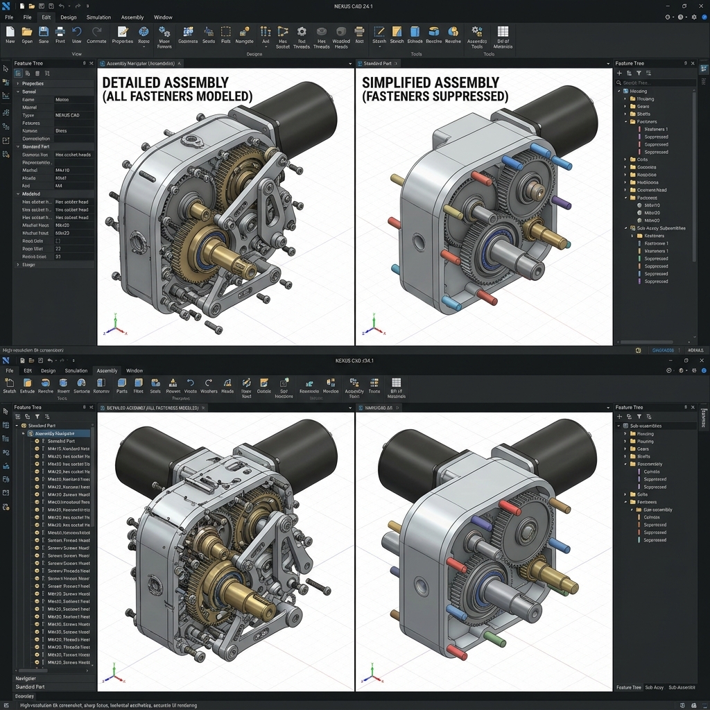 CAD comparison: Detailed assembly with too much detail vs simplified assembly