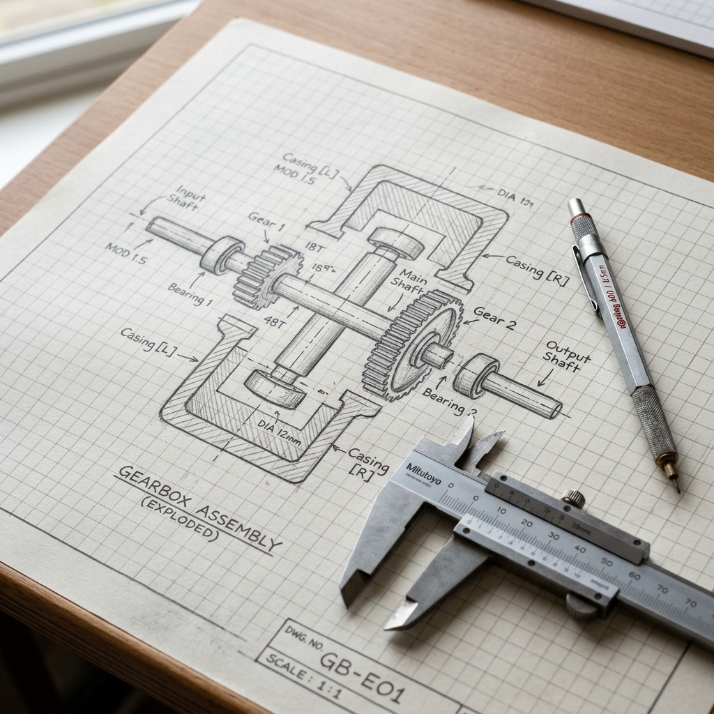 Hand-drawn 2D mechanical sketches on graph paper with calipers