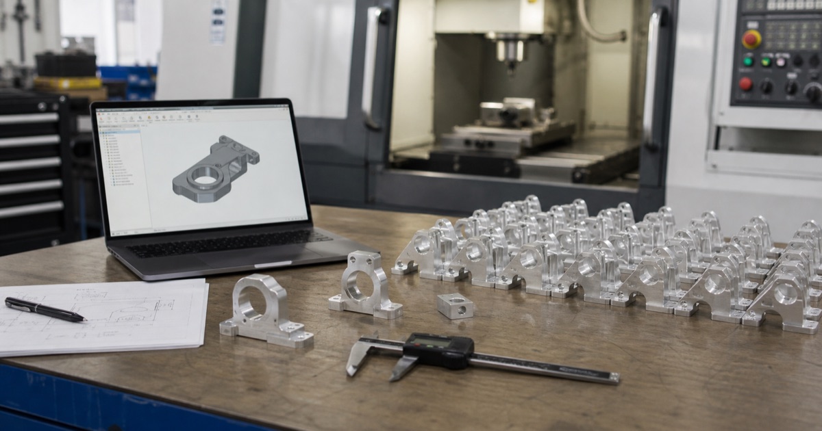 Machined aluminum prototype parts laid out for startup product development