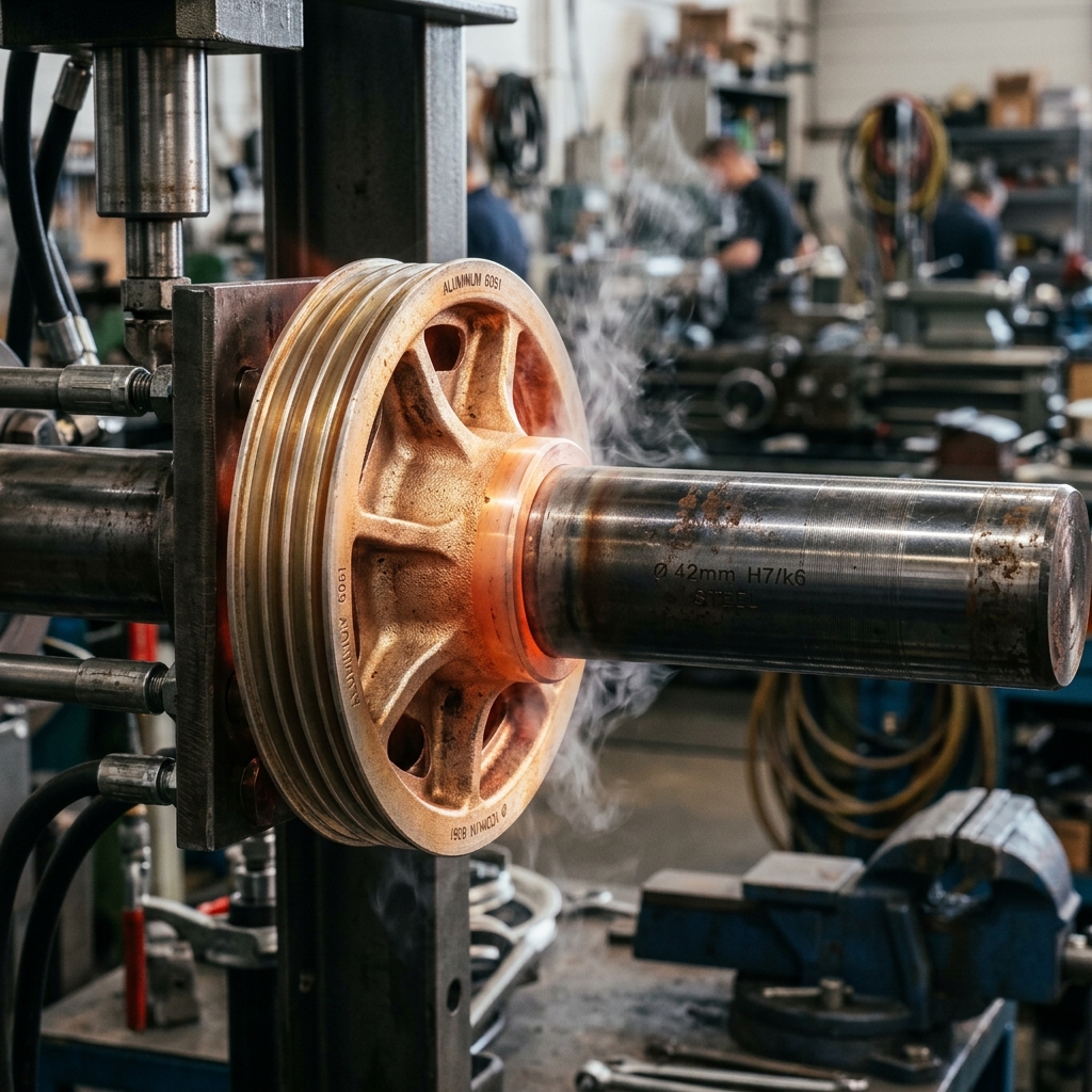 Steel shaft press-fit into an aluminum pulley hub with interference dimensions