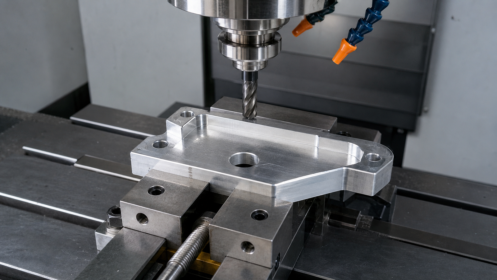 3-axis CNC milling setup cutting a simple aluminum bracket from above