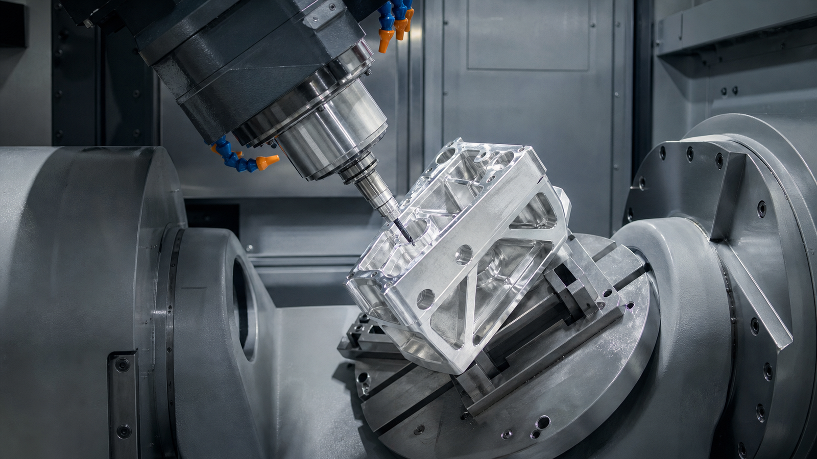 5-axis CNC machine cutting an angled complex aluminum part