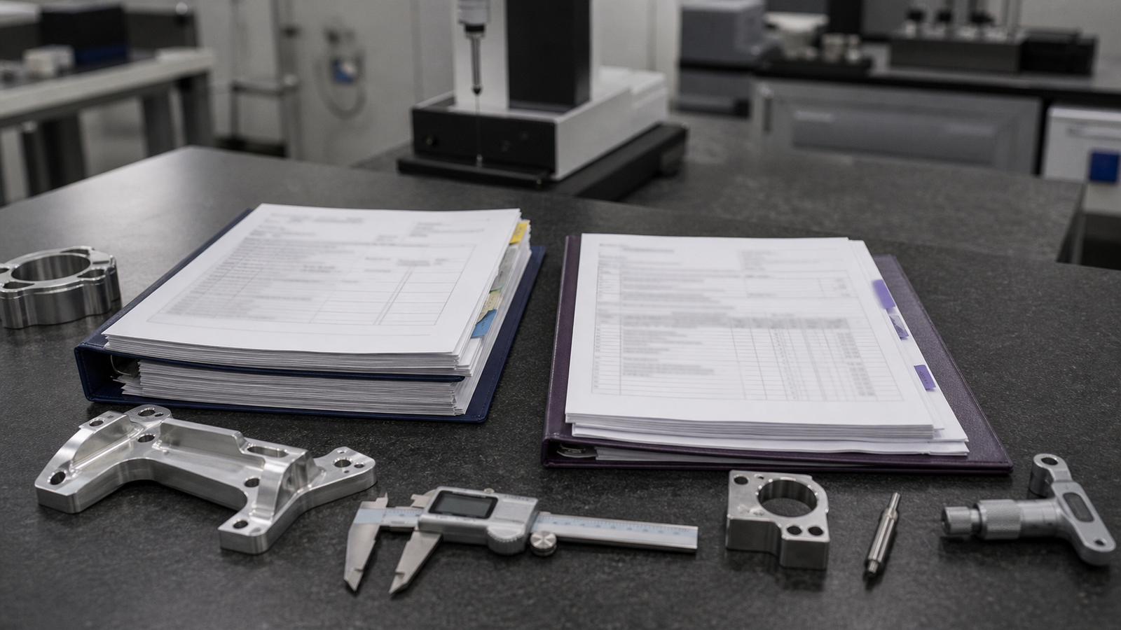 Regulated CNC documentation packets with aerospace and medical machined parts