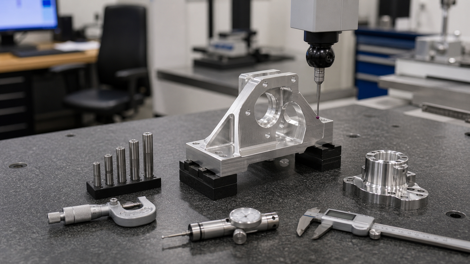 CMM and handheld inspection tools measuring aerospace and medical CNC parts