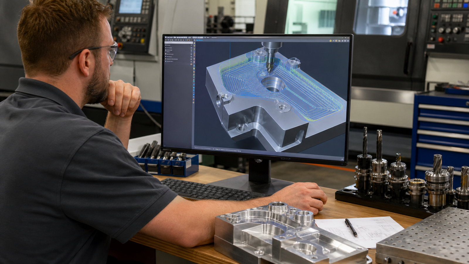 CNC programmer reviewing AI-assisted CAM toolpaths with tooling and fixture plate
