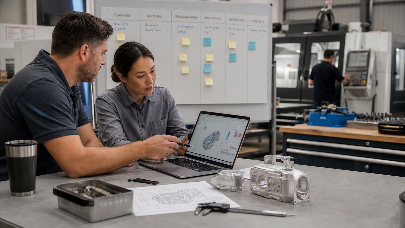 Engineer and buyer reviewing an AI-assisted CNC workflow with machined parts