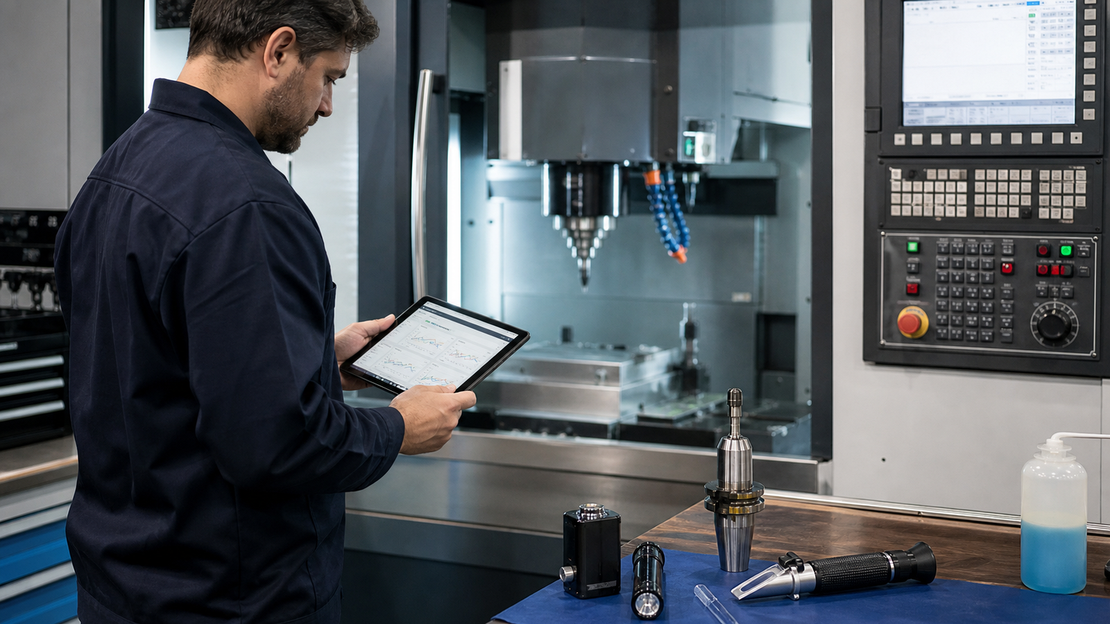 CNC technician checking spindle and tool condition with maintenance data