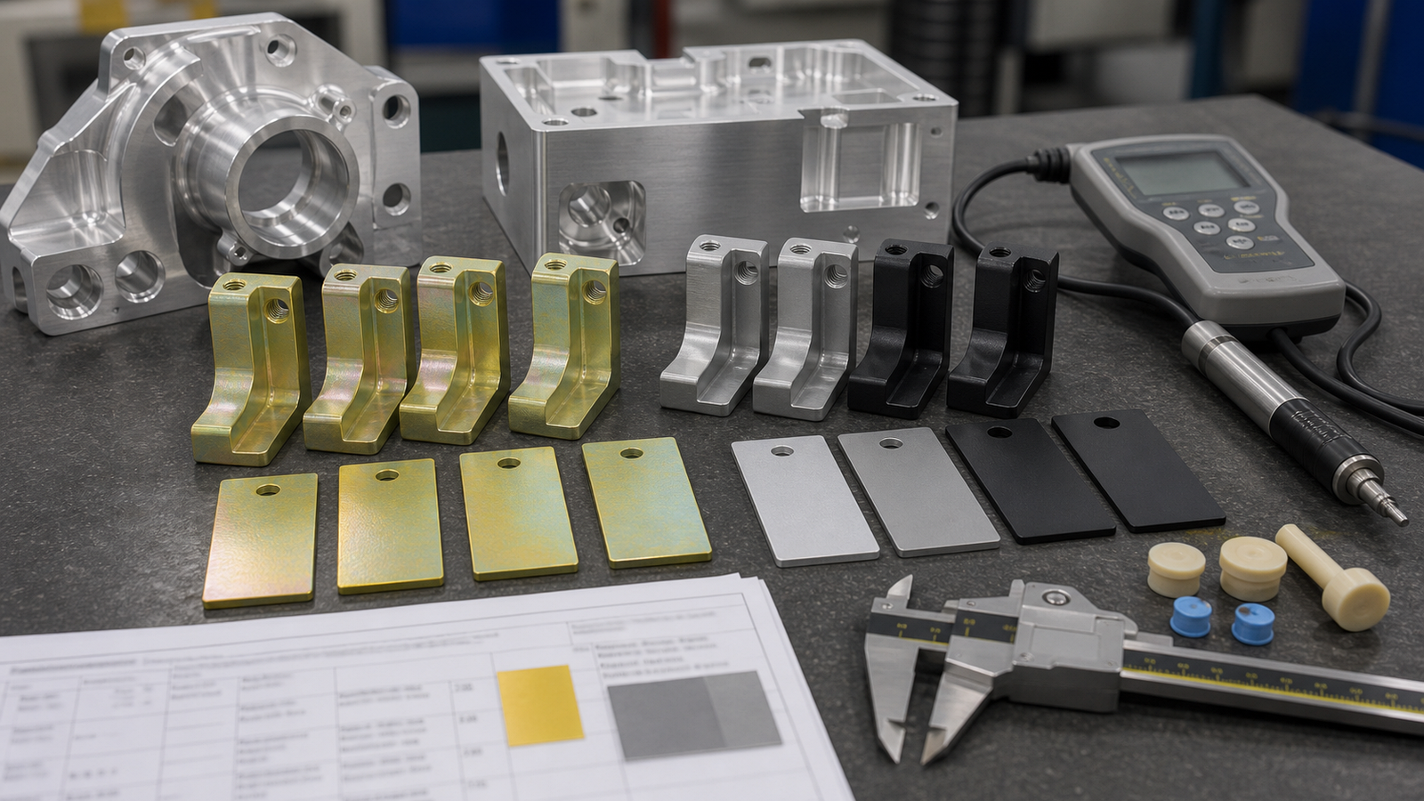 Alodine and anodized aluminum finish samples with inspection tools