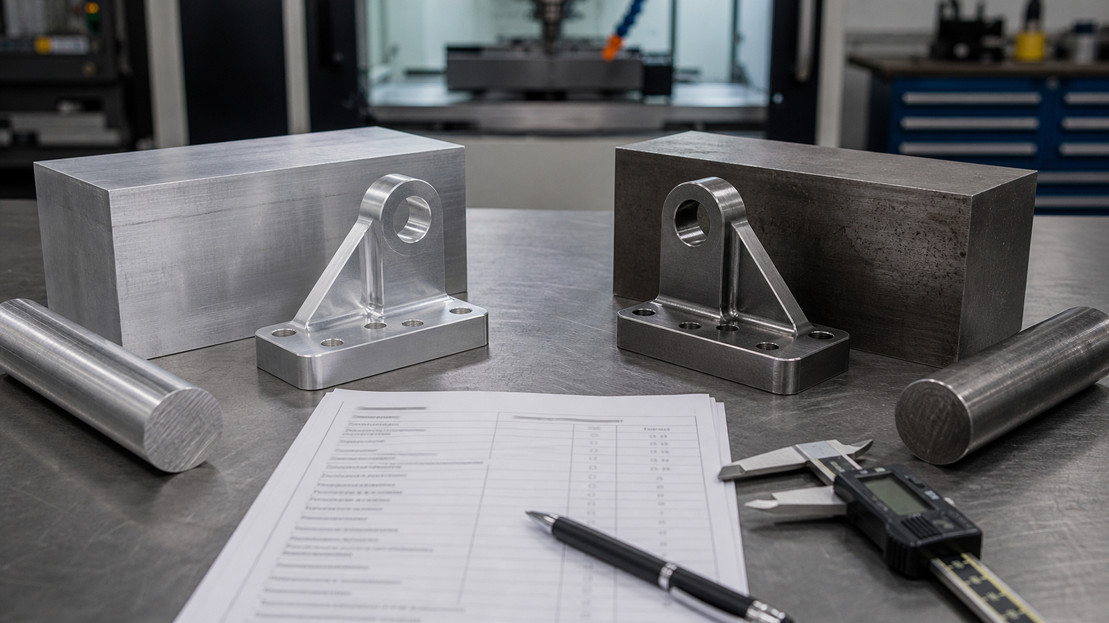 Aluminum and steel CNC material samples compared on an engineering bench