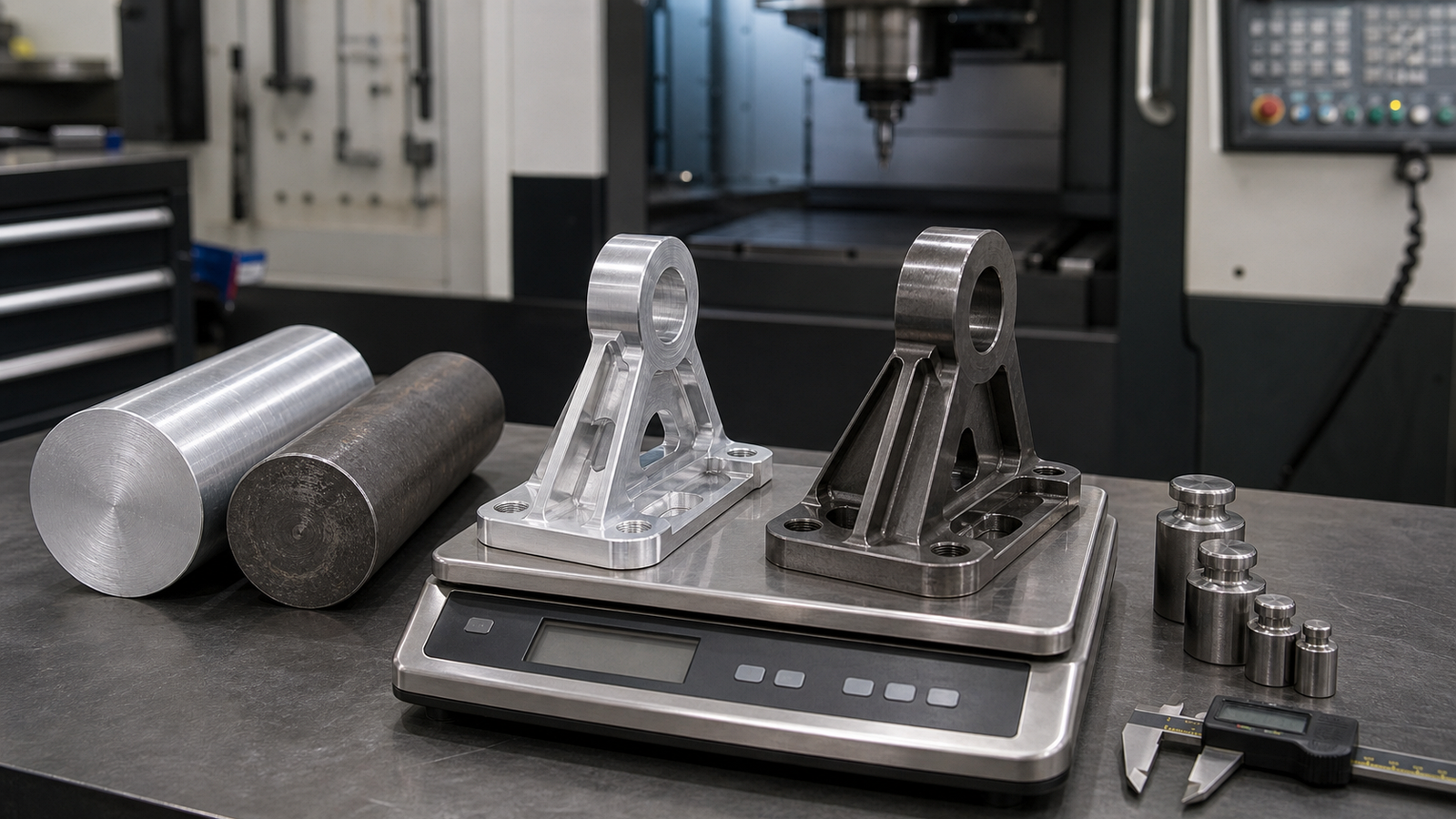 Aluminum and steel CNC parts compared by weight on a shop scale