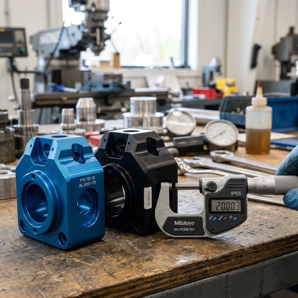 Anodized aluminum blocks next to a micrometer on a workbench