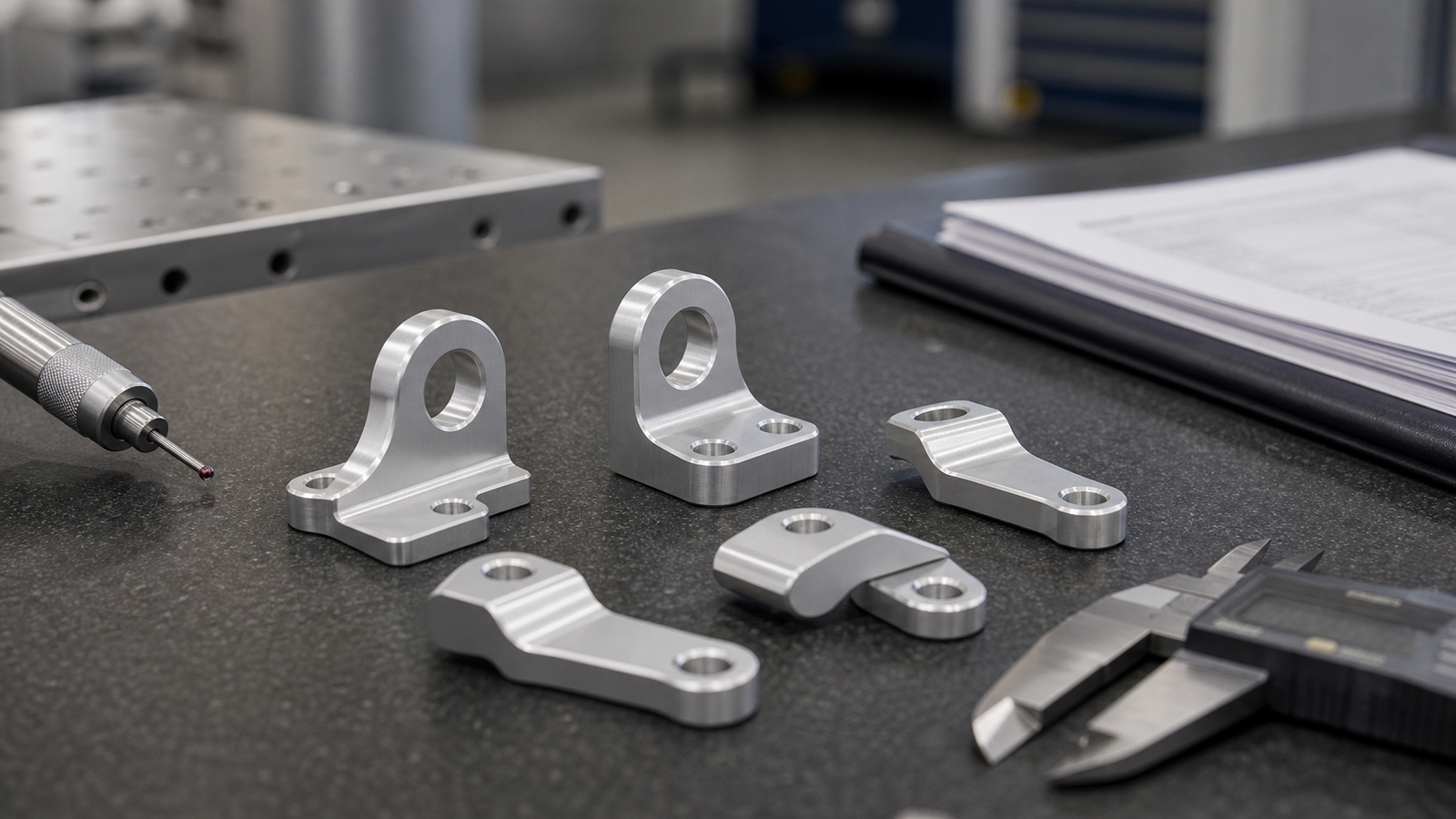 Type I chromic acid anodized aluminum brackets with thin clear gray finish, calipers, and blurred certification packet on an inspection bench