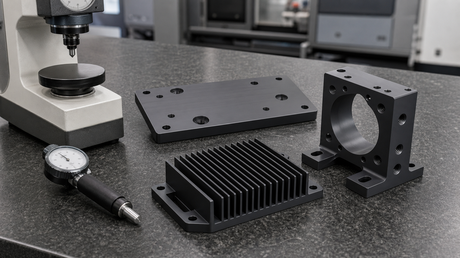 Type III hardcoat anodized wear plate, heat sink, and precision bracket with matte dark durable finish beside inspection gauge