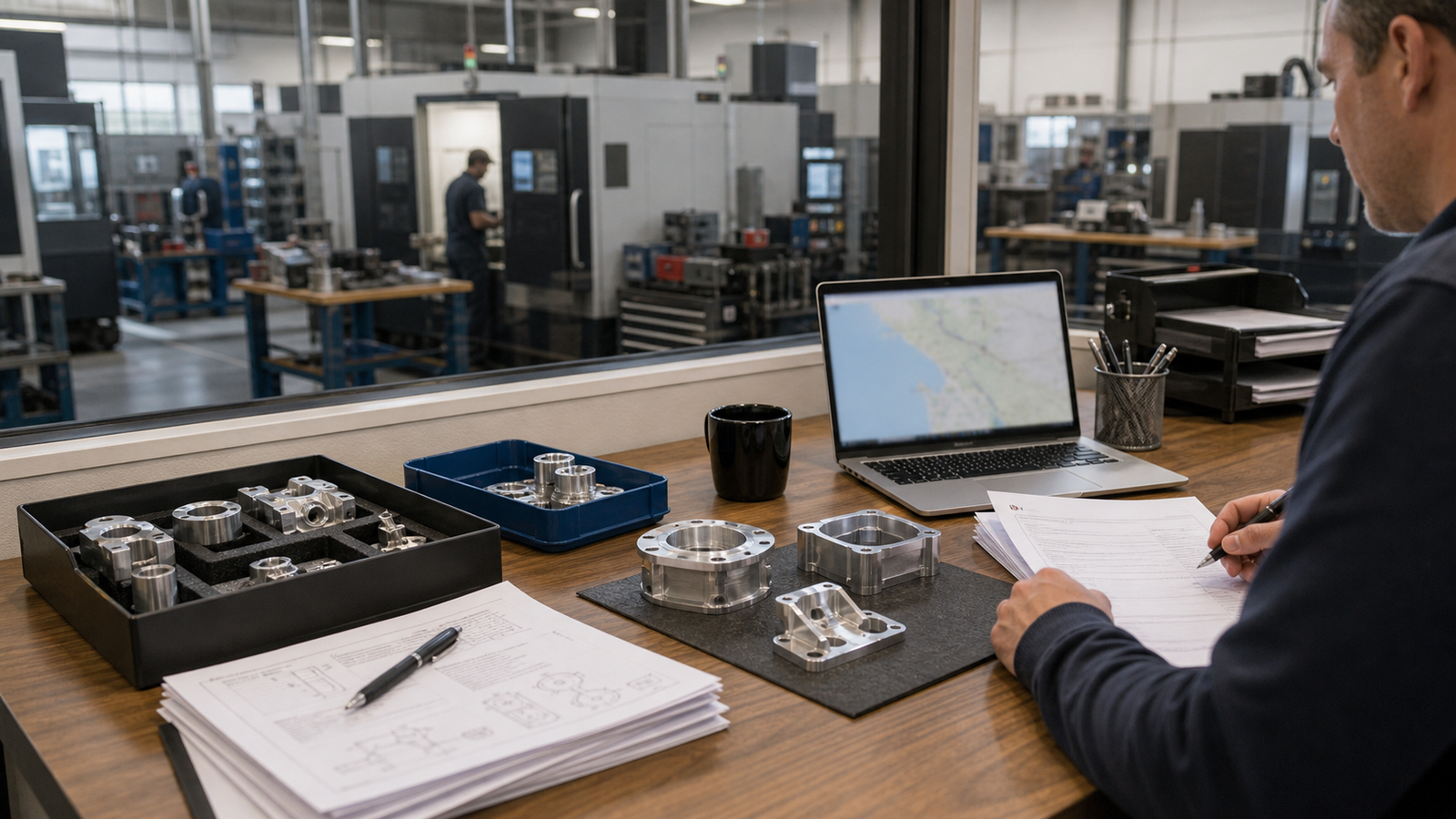 Local CNC machining hub planning desk with parts in trays, RFQ packets, blurred map screen, and CNC production floor behind glass