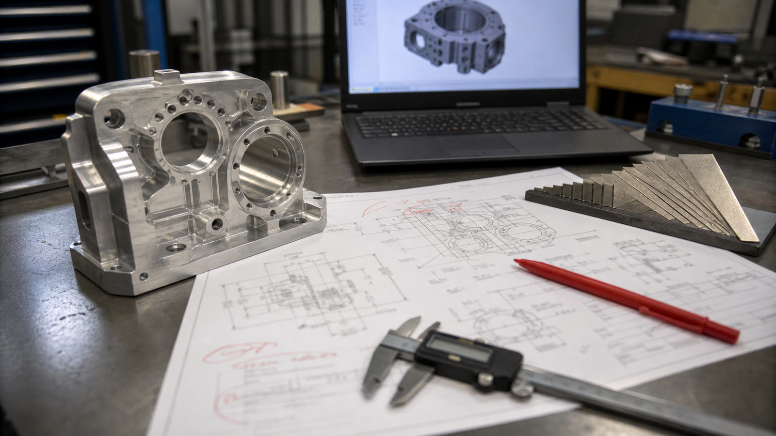 2D drawing inspection setup with machined part calipers and surface finish reference