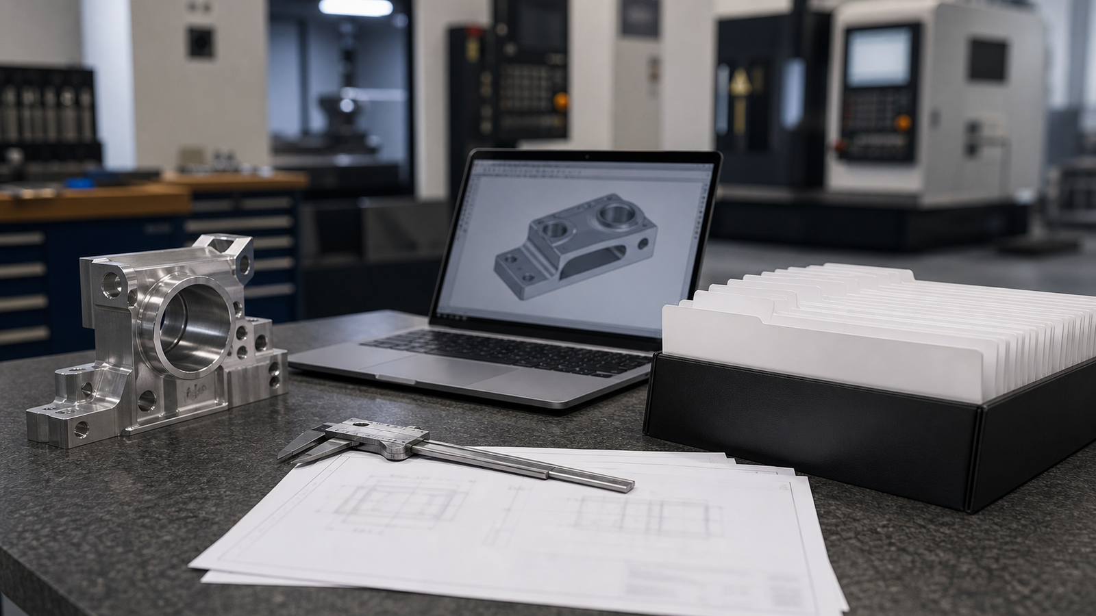 Engineering quote review bench with CAD model drawing calipers and machined prototype