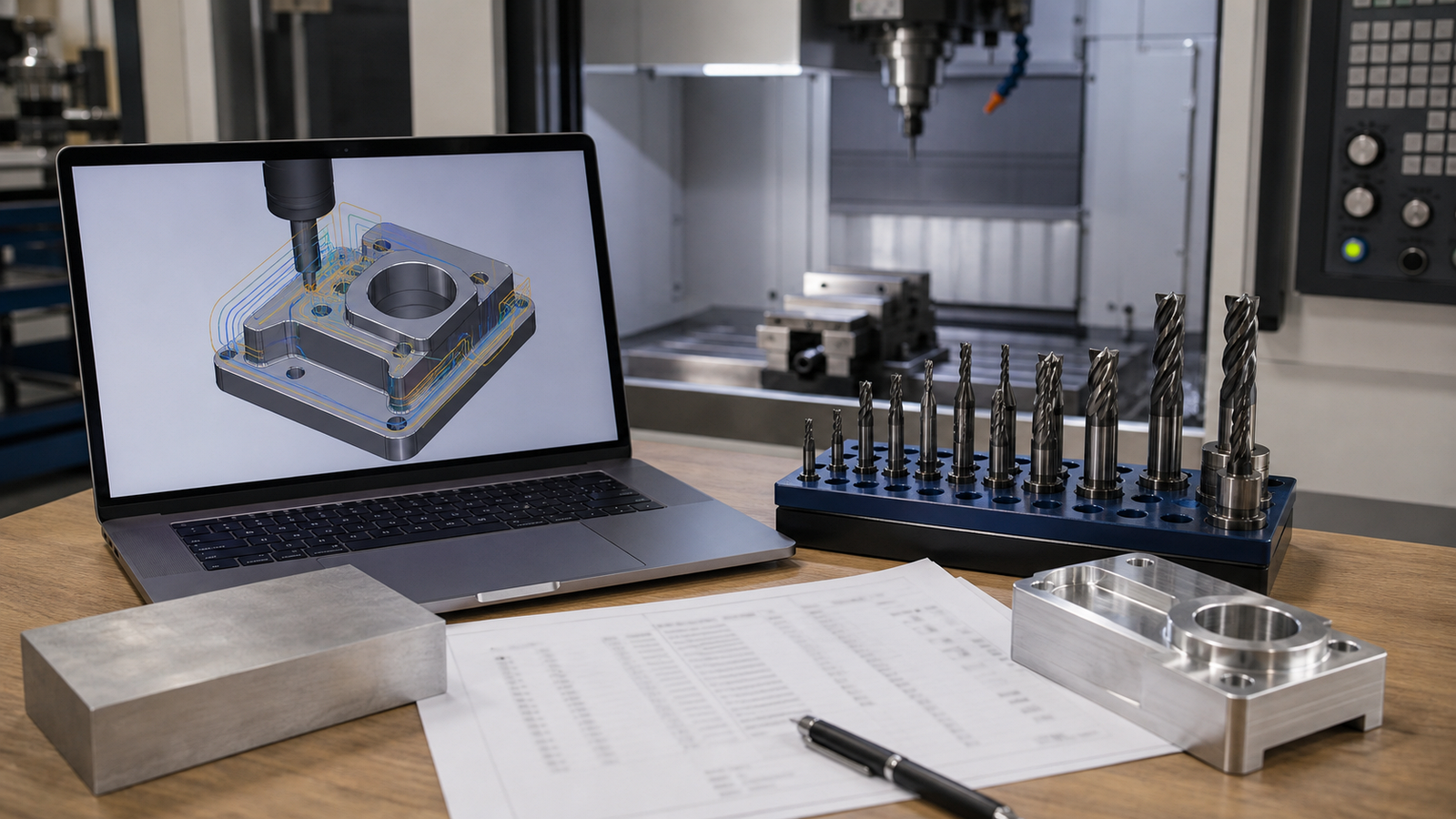 CAM programming workstation with toolpath model end mills setup sheet and machined sample