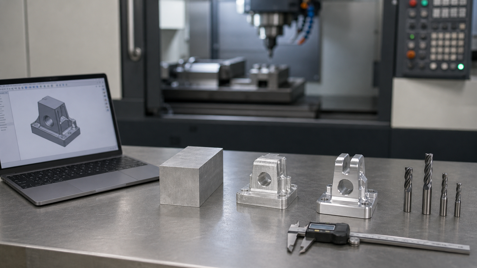 Digital CAD model raw billet rough blank and finished CNC part arranged as a manufacturing workflow