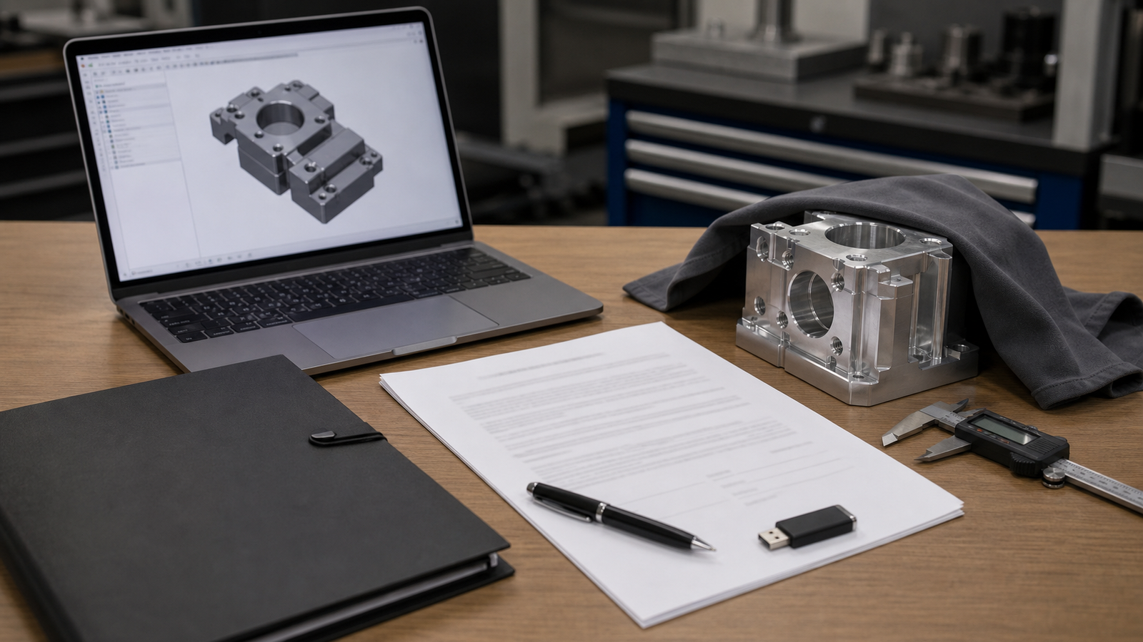 Confidential startup manufacturing review desk with NDA packet CAD model and prototype