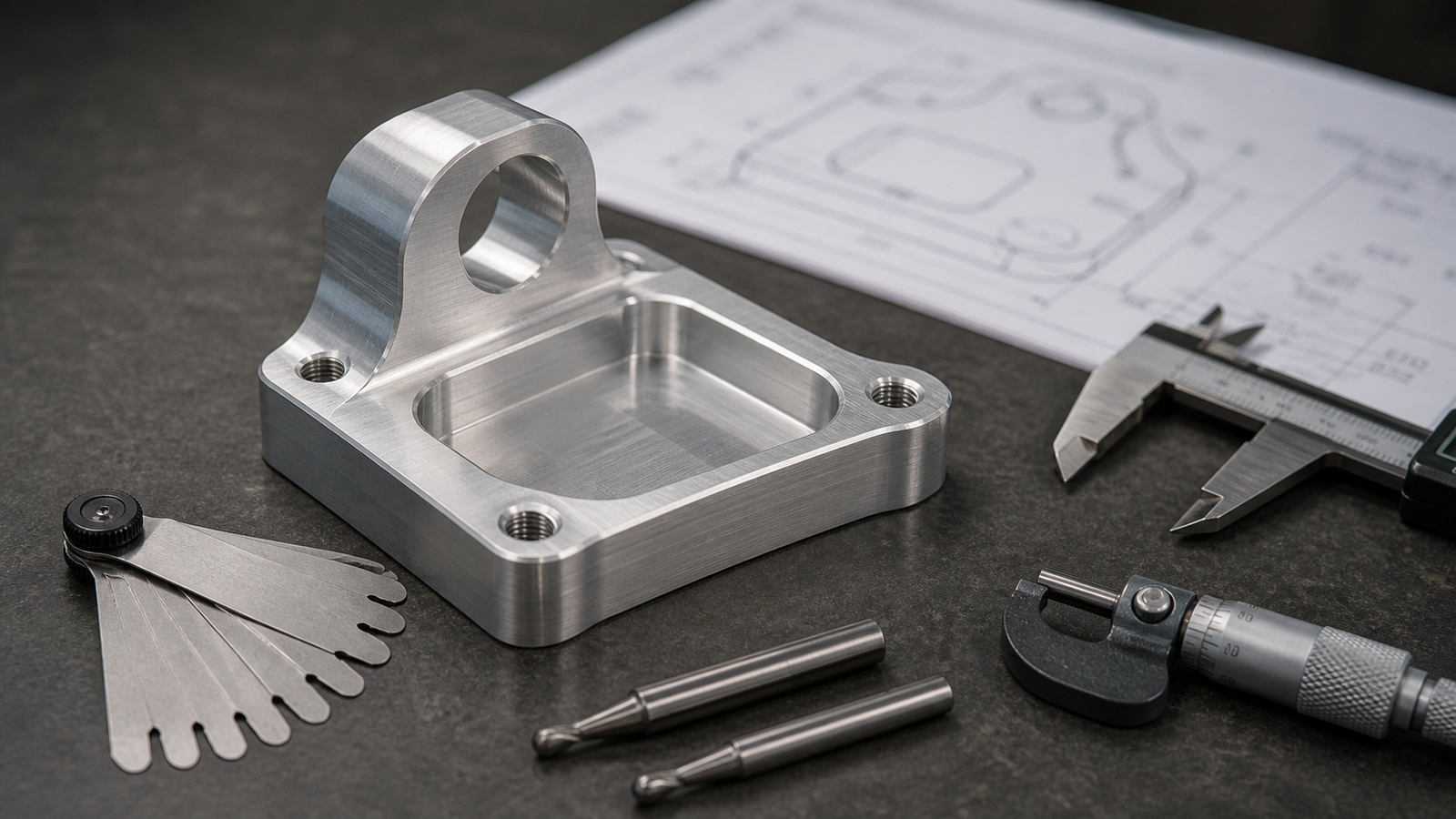 Machined aluminum part with rounded fillet radii radius gauge ball end mills and calipers