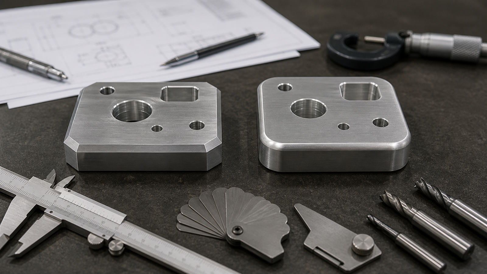 Chamfered and filleted machined aluminum blocks with edge gauges and inspection tools