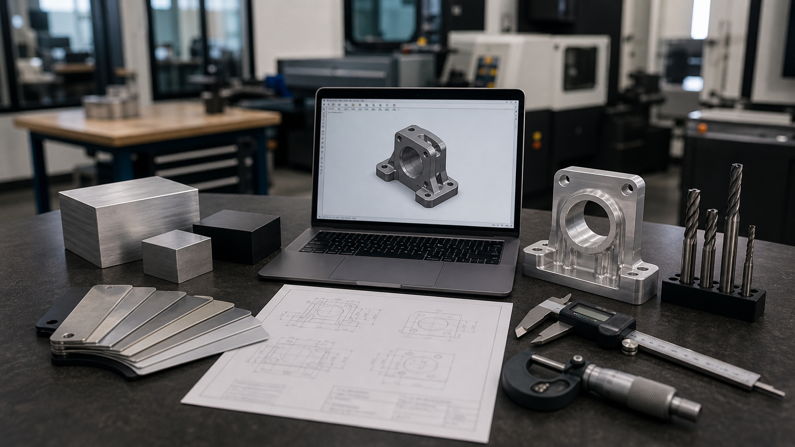 Startup CNC DFM review with CAD model drawing material samples end mills and machined prototype