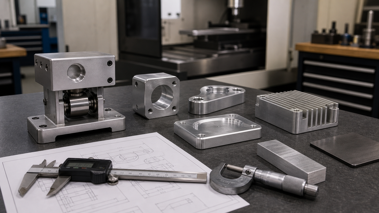 Production-material CNC prototypes on inspection bench with calipers drawing and material sample