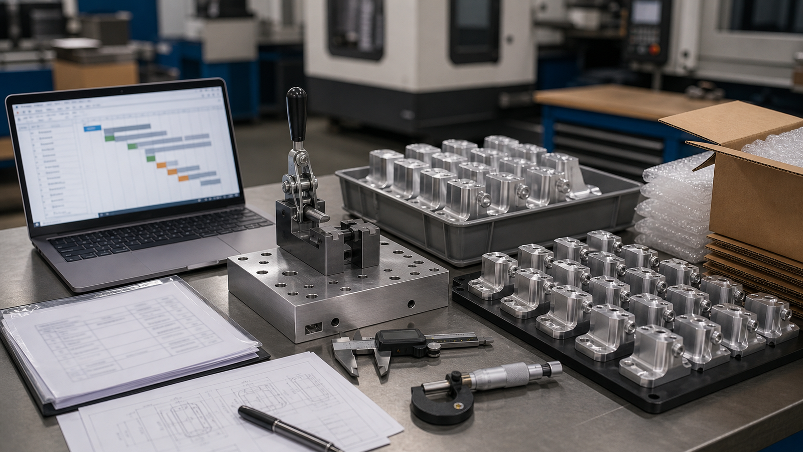 CNC production scaling handoff bench with fixture plate finished parts inspection tools and packing materials