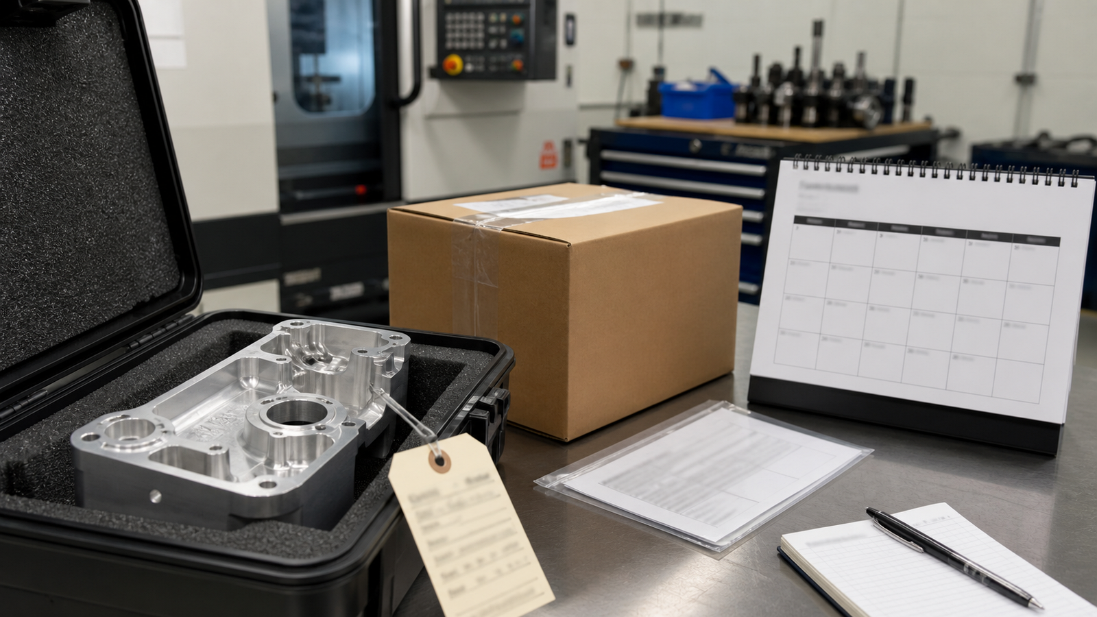 Rush CNC order packed with machined part, inspection tag, calendar, and shipping box