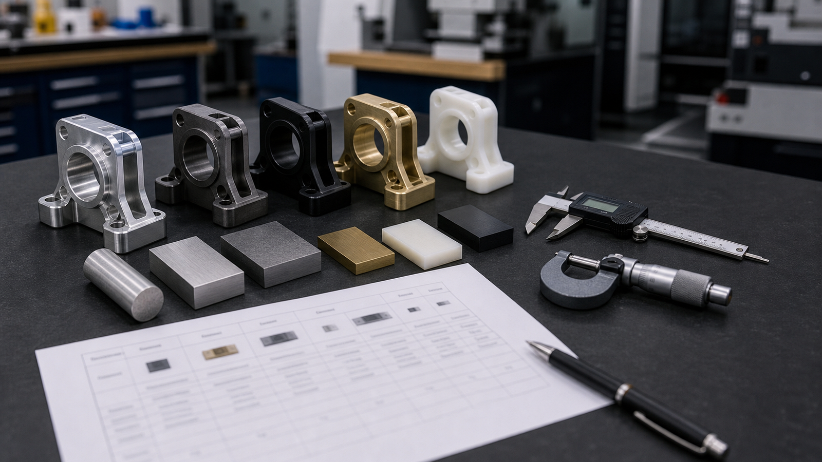 CNC material selection bench with machined brackets raw metal and plastic samples and calipers