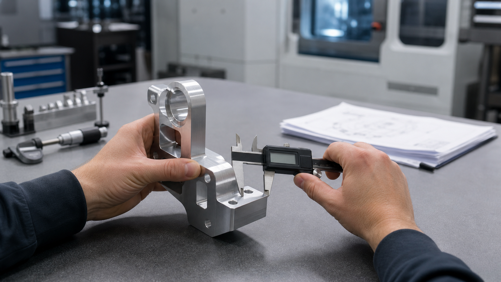 Machined aluminum bracket being measured with digital calipers on an inspection bench