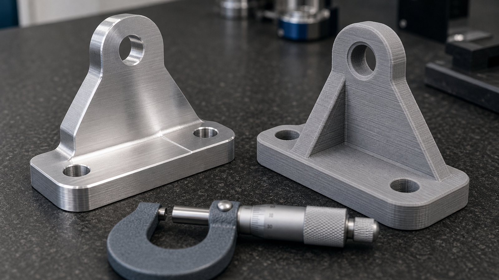 Smooth CNC machined aluminum part beside a matte 3D printed part with visible layer lines
