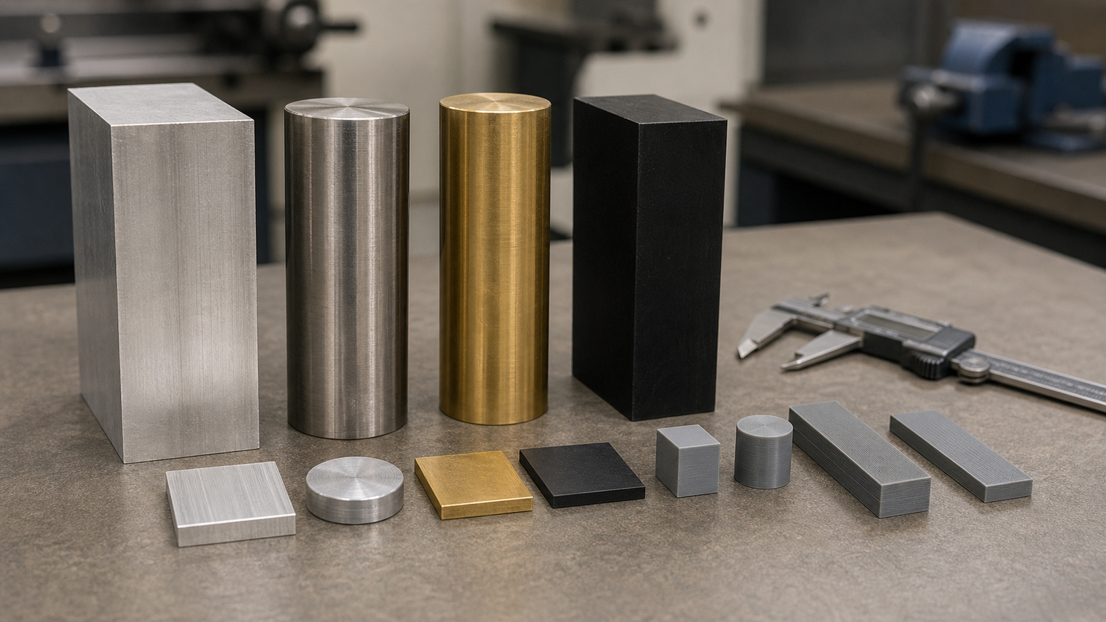 CNC material stock and 3D printed sample coupons arranged on an engineering bench