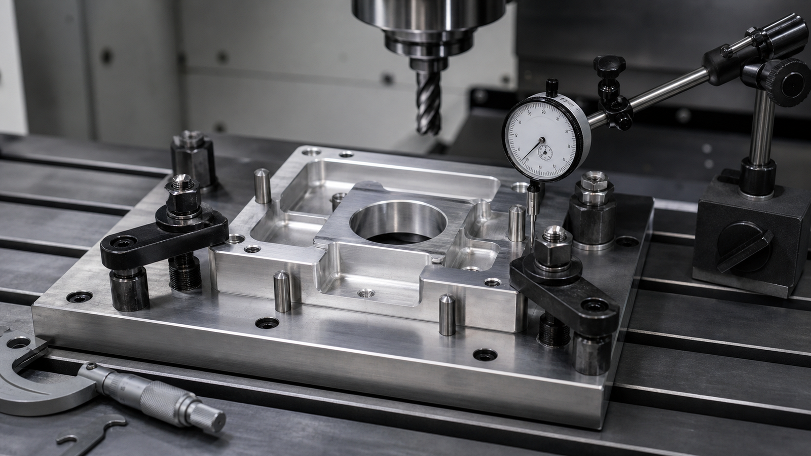 Aluminum part aligned on a fixture plate with locating pins and clamps