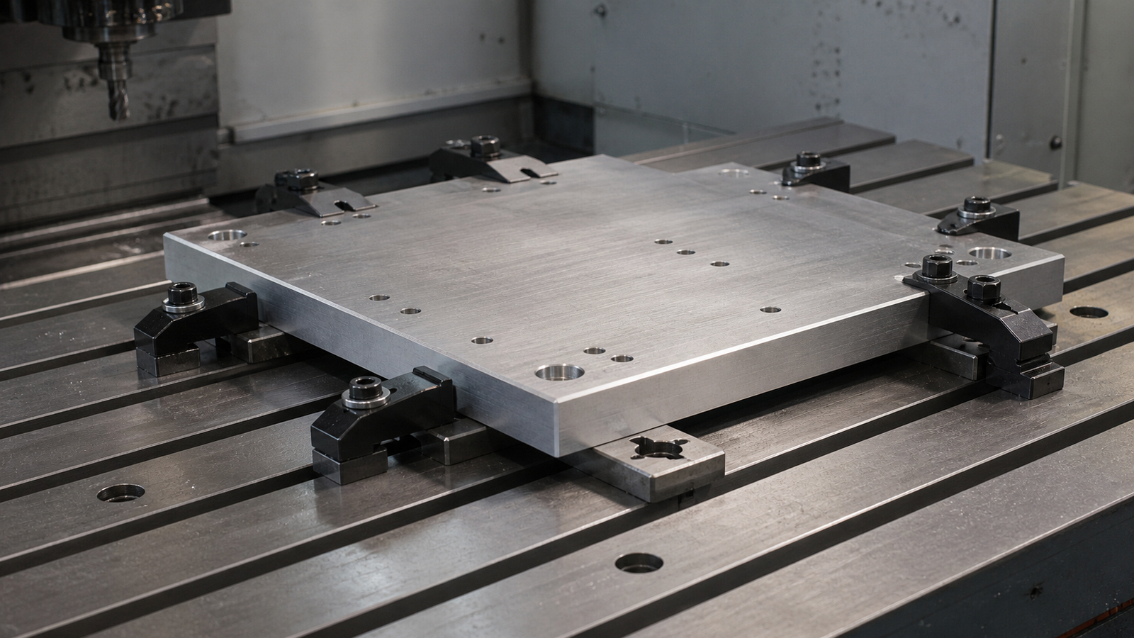 Large aluminum plate held by toe clamps and strap clamps on a CNC table