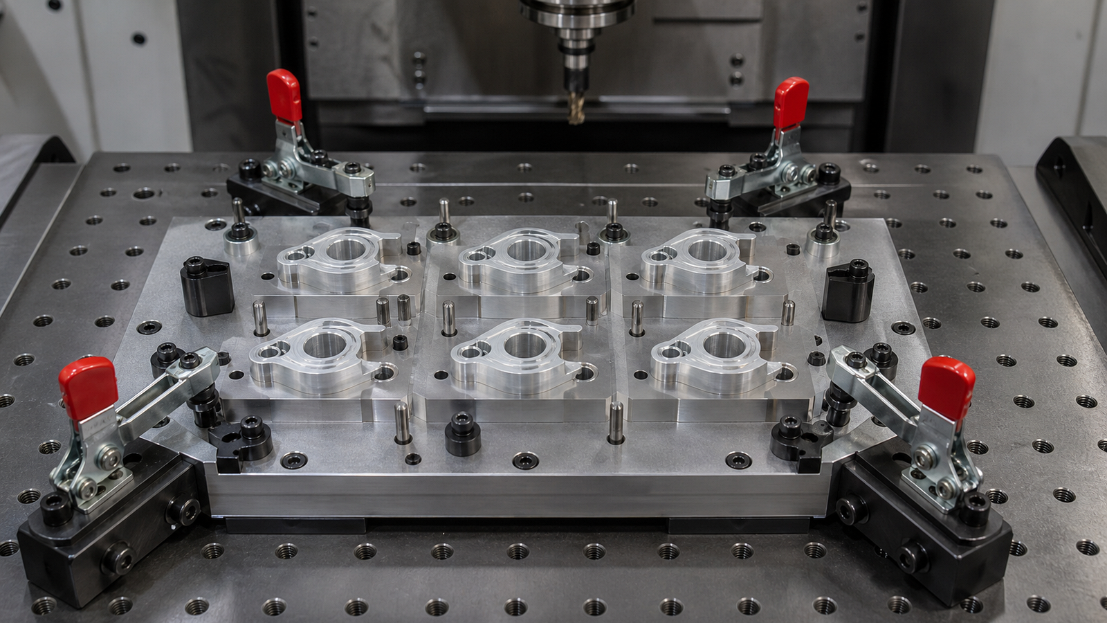 Custom aluminum fixture holding several identical small machined parts with locating pins