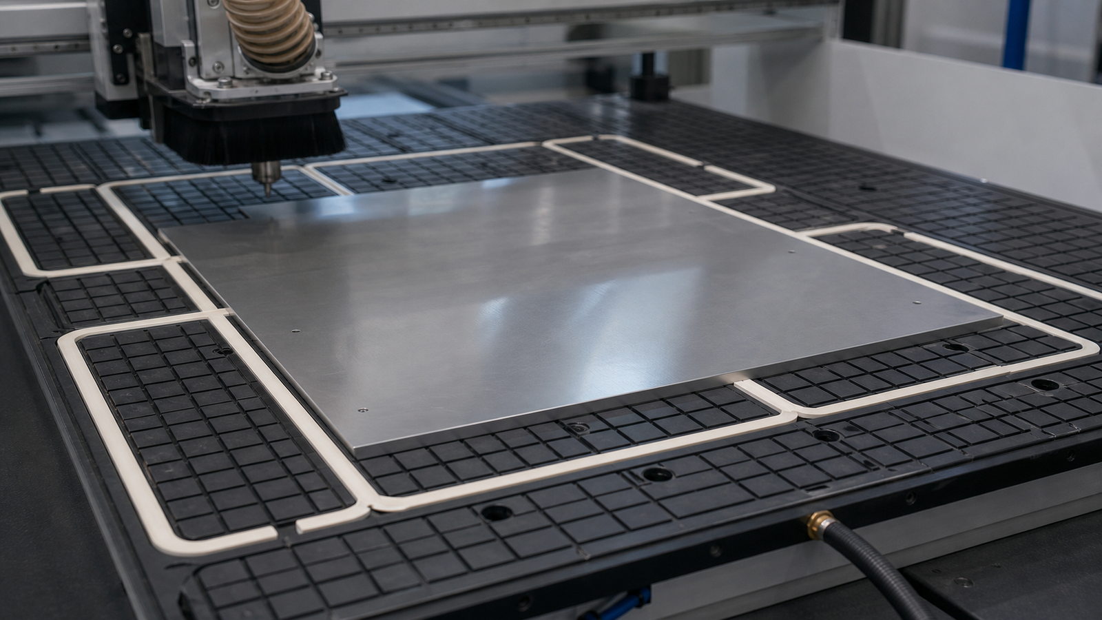 Thin flat part held on a CNC vacuum table with gasket grooves