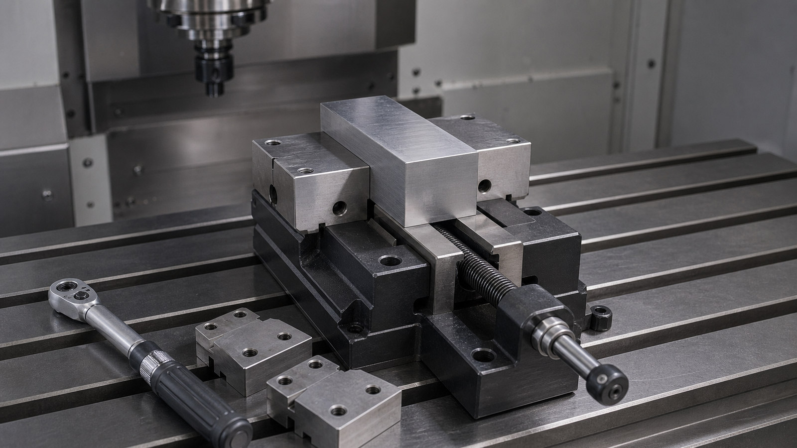 Rectangular aluminum block clamped between precision vise jaws on a milling table
