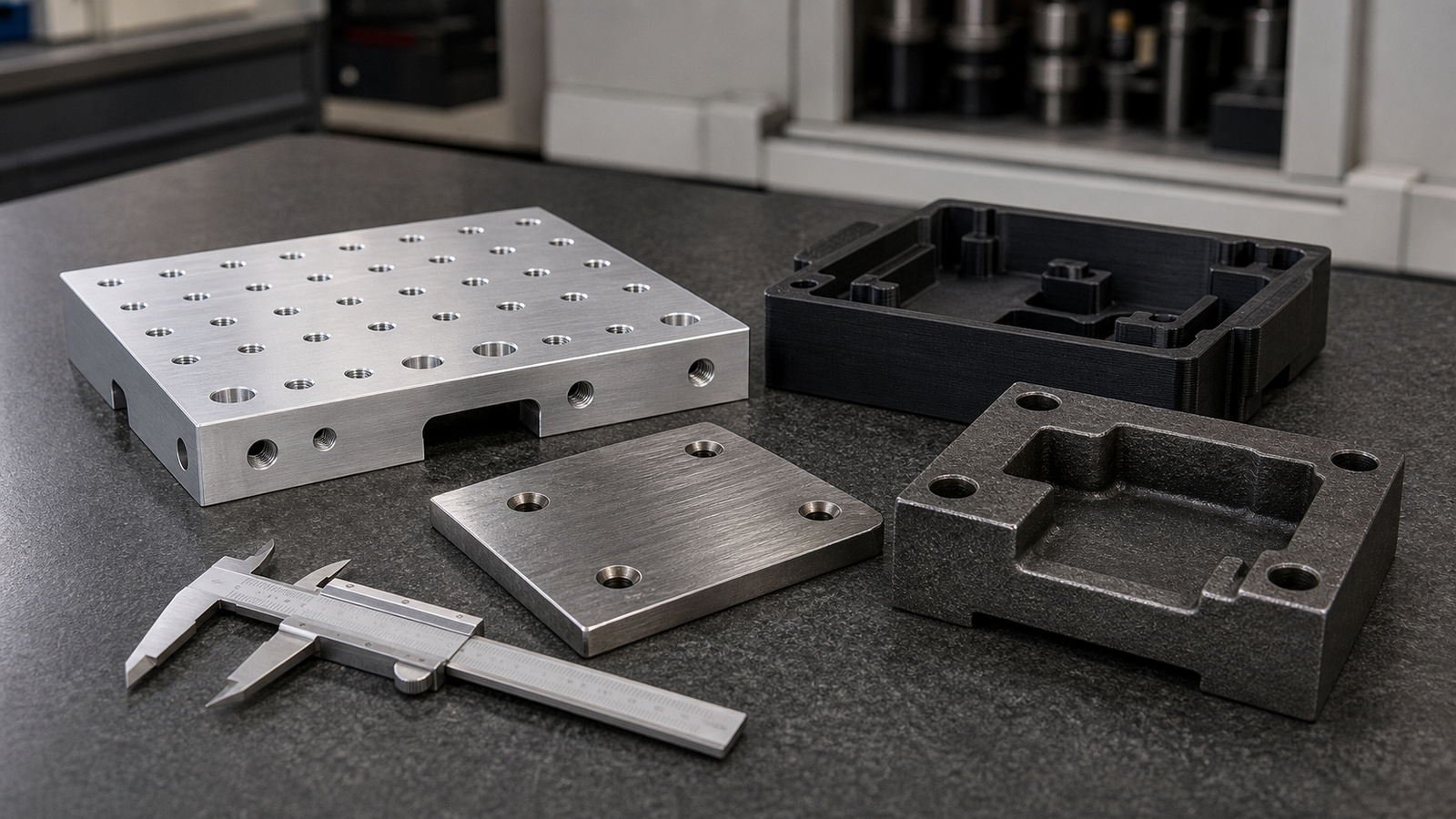 Fixture material samples including aluminum plate steel wear pad and black prototype nest