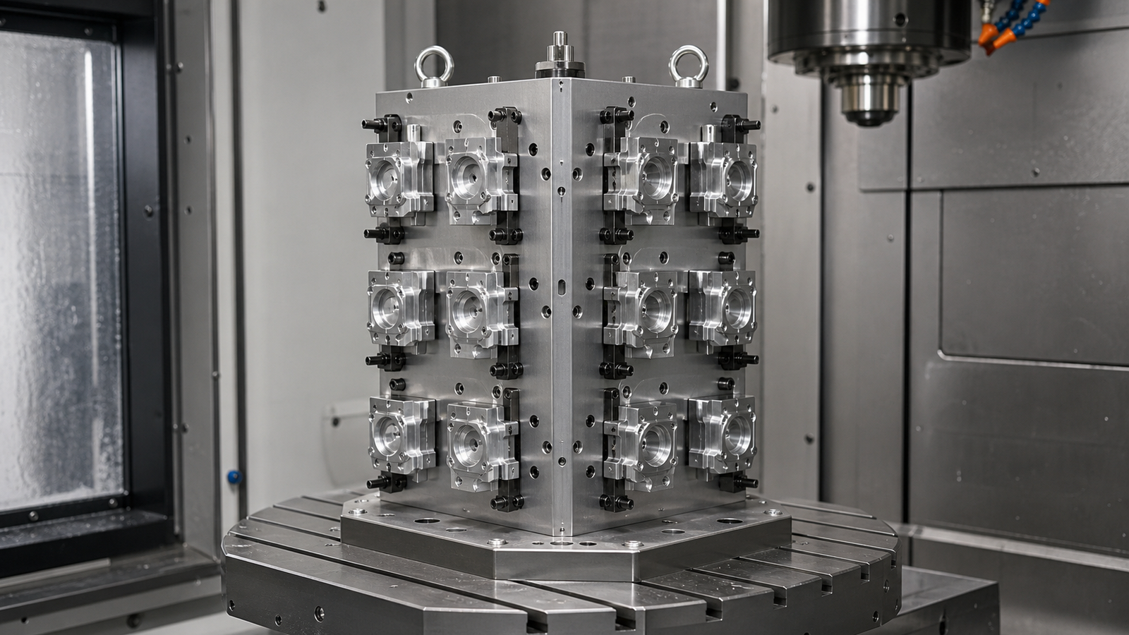 Tombstone style fixture block holding multiple identical aluminum parts on several faces