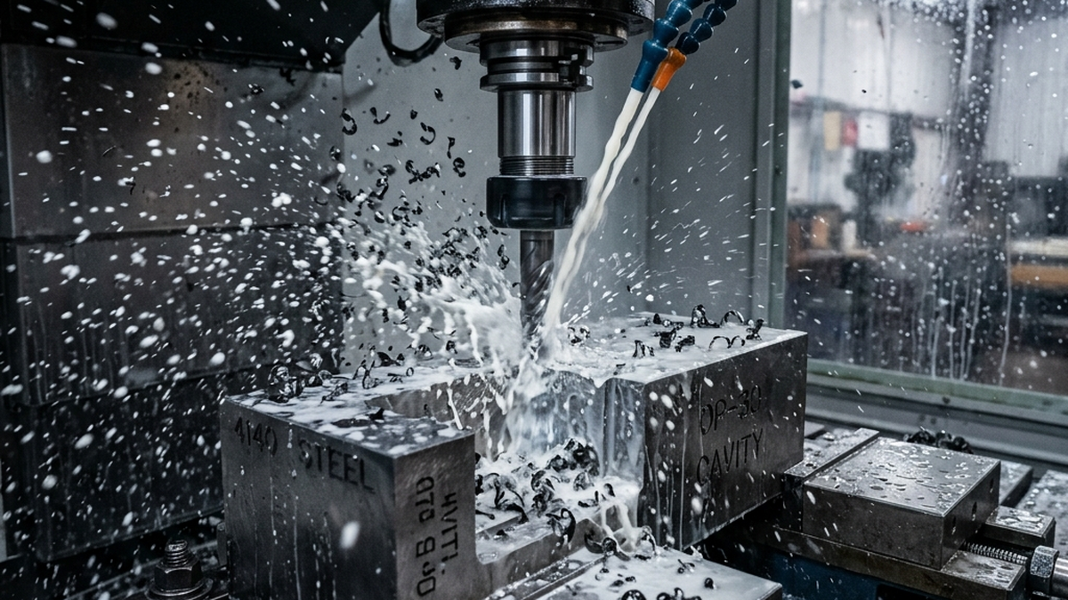 Spindle-through high-pressure coolant blasting metal chips upward out of a deep milled cavity in a steel workpiece