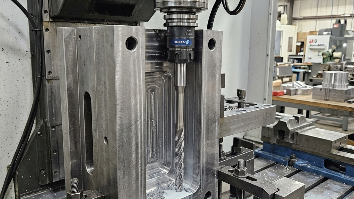 Long-reach necked-down carbide end mill positioned next to a deep pocket wall of a machined metal mold