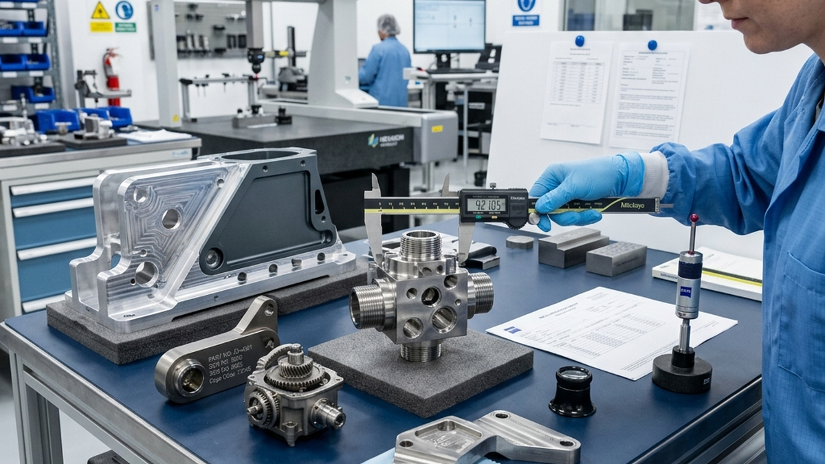 High-precision defense aerospace machined components resting on a clean inspection bench in a quality assurance laboratory