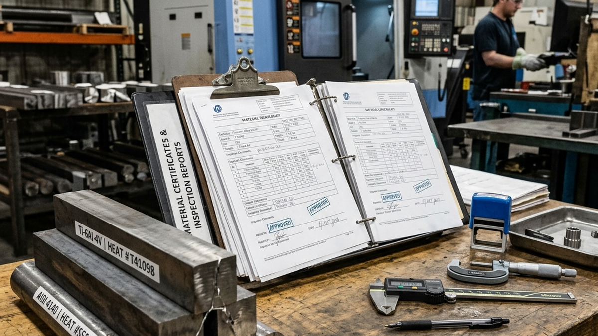 Material traceability certifications and quality control documents next to raw titanium stock billets on a shop floor desk