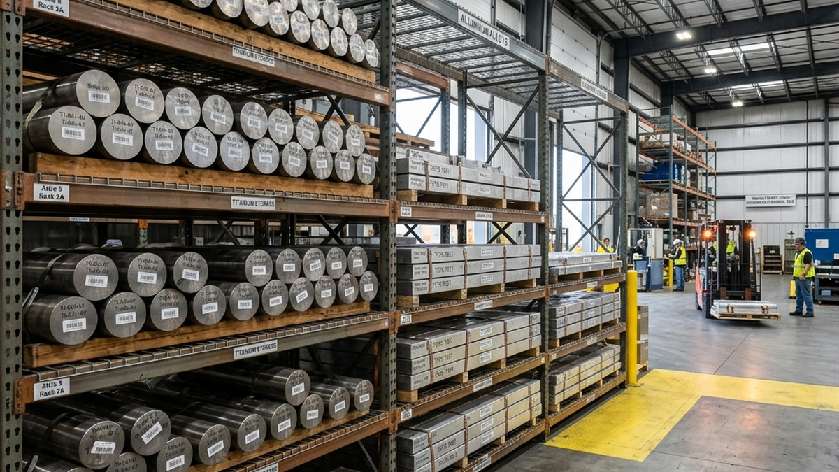 Aerospace-grade titanium and aluminum billets organized neatly on heavy-duty material racks in a manufacturing warehouse