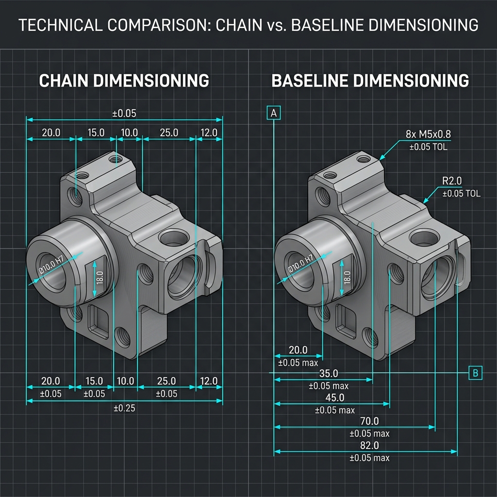 Technical illustration comparing chain dimensioning with accumulated tolerances against baseline dimensioning referenced to datums