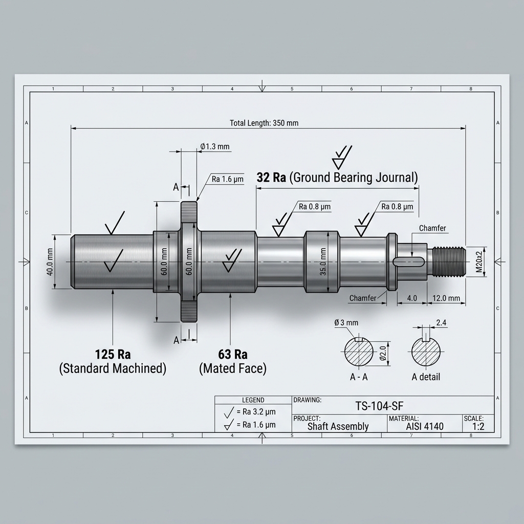 Engineering technical drawing showing surface finish checkmark symbols pointing to machined surfaces with different roughness values like 125 Ra, 63 Ra, and 32 Ra