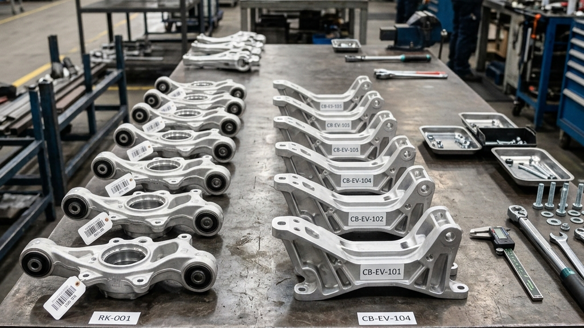 Inspection of high-voltage electric vehicle chassis mounting brackets machined from 7075-T6 billet aluminum