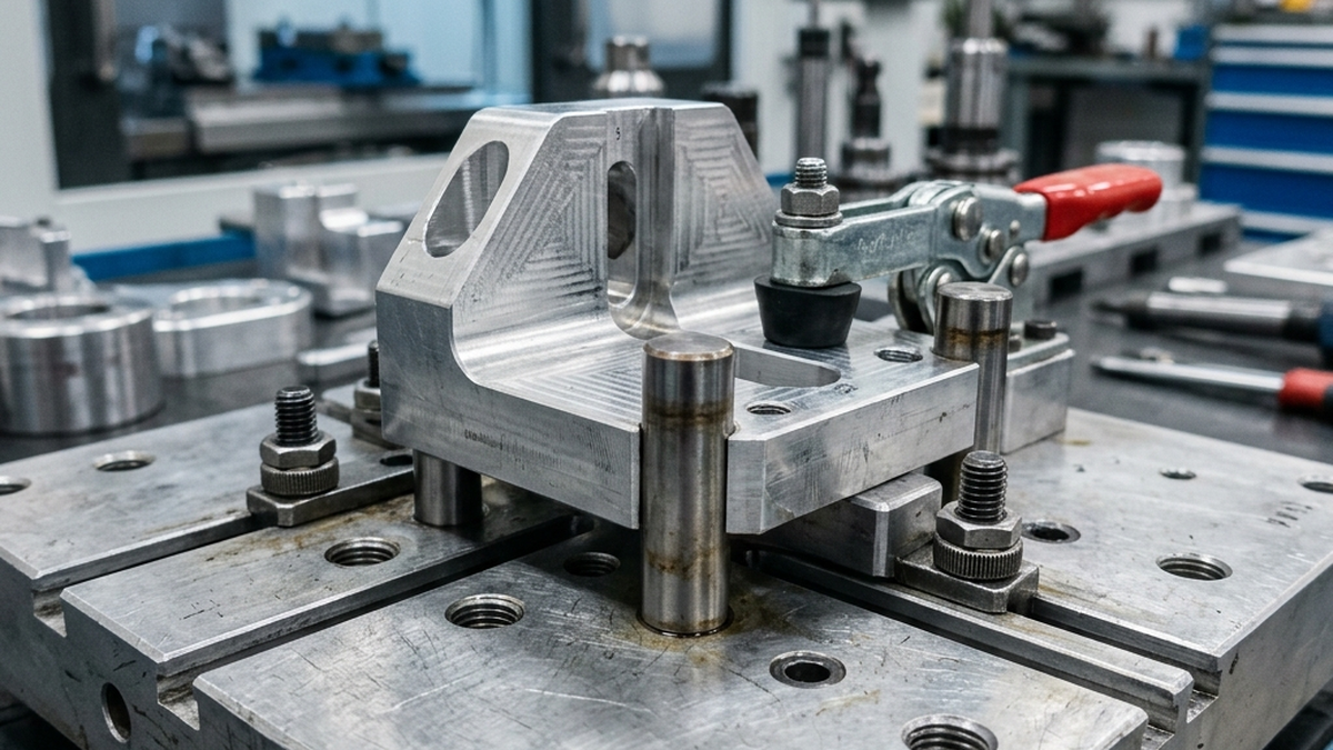 Close-up macro photograph of a custom fixture plate with hardened steel locator pins and adjustable rests holding a metallic bracket in place